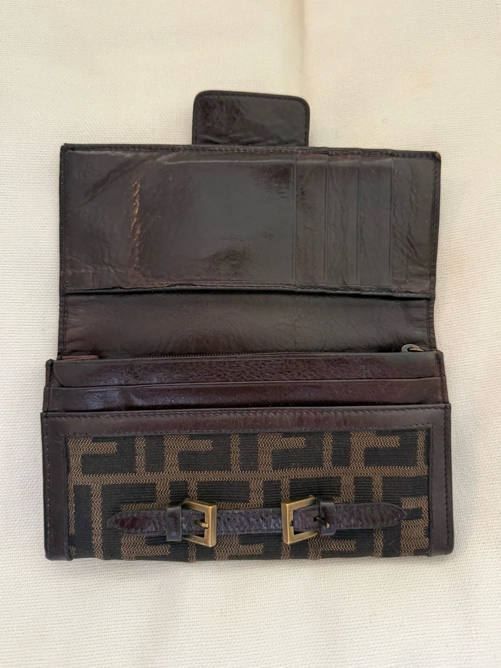 Fendi Dark Brown FF Logo Canvas Zip Foldover Wallet with Leather Trim